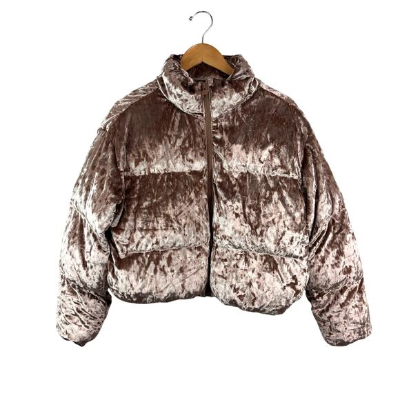 Fabletics Wander Crushed Velour Cropped Puffer Jacket Pink S - Picture 1 of 10